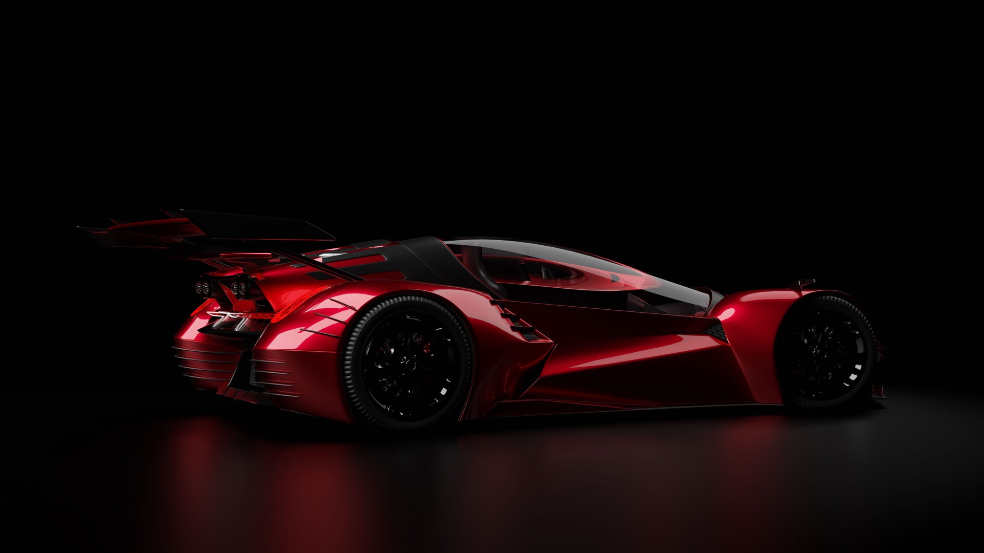 Futuristic sport car coupe in red on black background, supercar. 3d render