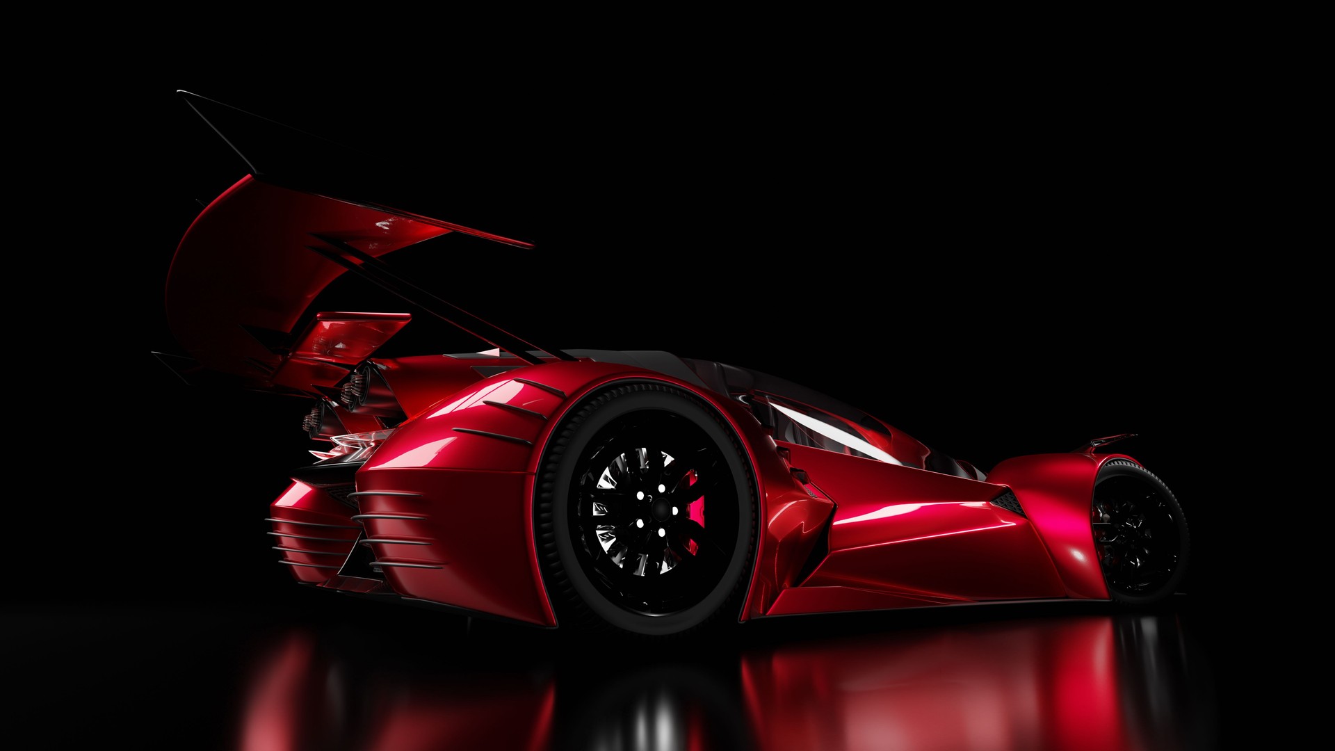 Futuristic sport car coupe in red on black background, supercar. 3d render