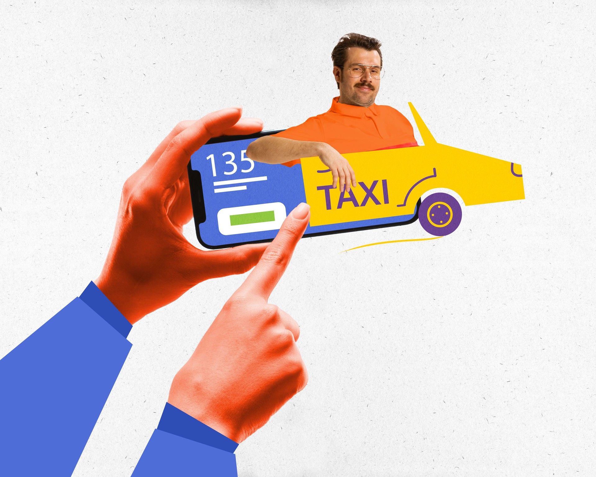 Contemporary art collage. Hand framing smartphone with man in orange shirt appearing as taxi, fare display.